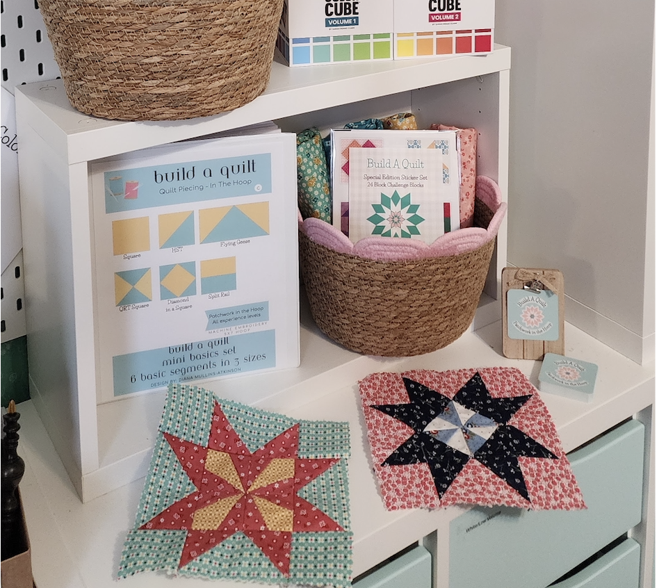 Basket and display of quilt kits & patterns