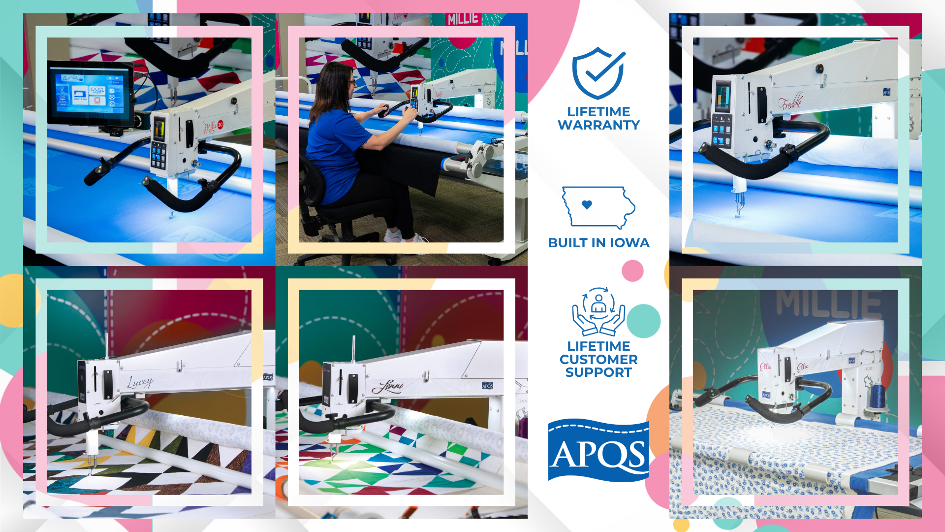 APQS vendor cover photo showing longarm quilting machines, people using these machines.